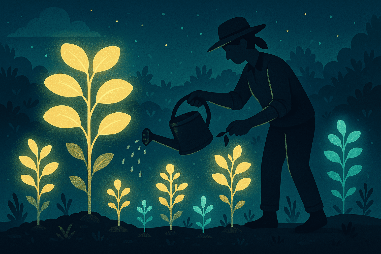 Metaphorical digital garden with figure tending to glowing plants representing income streams