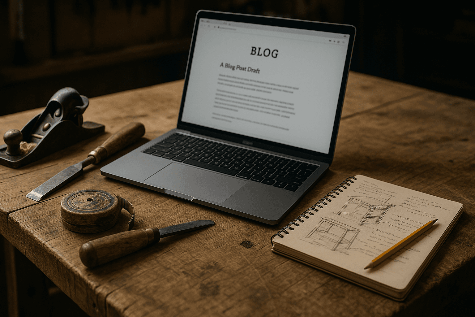 Image depicting an early blog post setup: laptop, woodworking tools, notes.