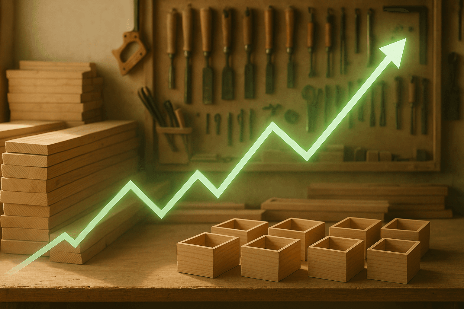 Conceptual image representing income growth, perhaps a graph over a workshop background.